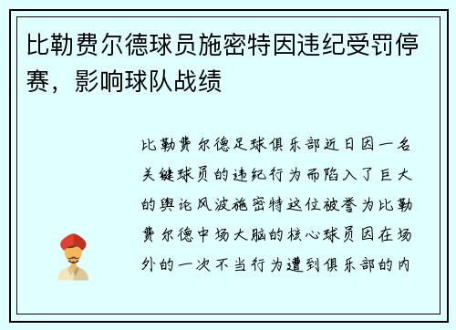 比勒费尔德球员施密特因违纪受罚停赛，影响球队战绩